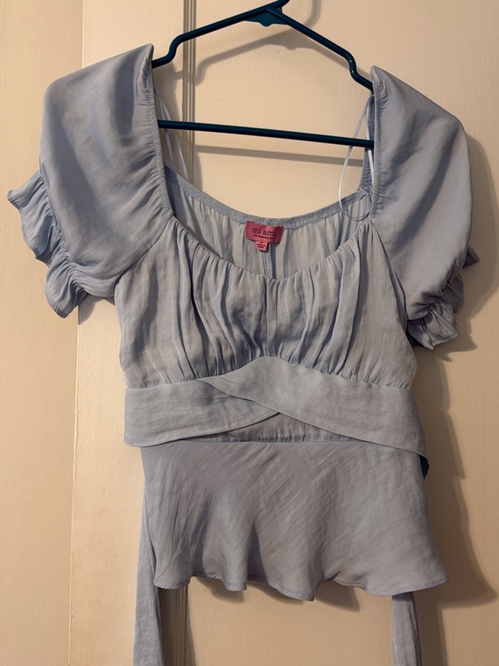 Francesca's Collections Pale Blue Puff Sleeve Peplum Top